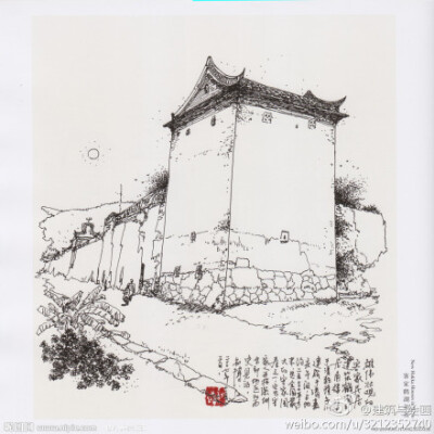 【建筑速写】近乎于白描,靠线条疏密,和留白控制关系,落款和小字很提