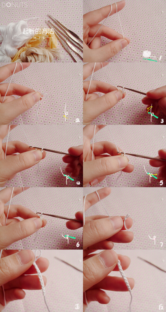 钩针起针方法 普通棉线,钩针(1.25mm) {内容都在图里了,欢迎补充