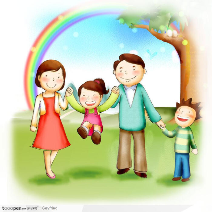 手绘家庭插画-草坪上手牵手幸福快乐的一家人