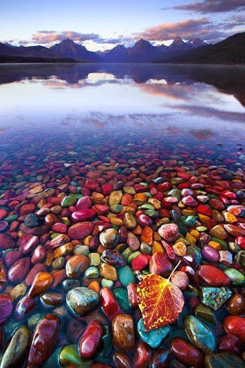 pebble shore湖中的彩色鹅卵石