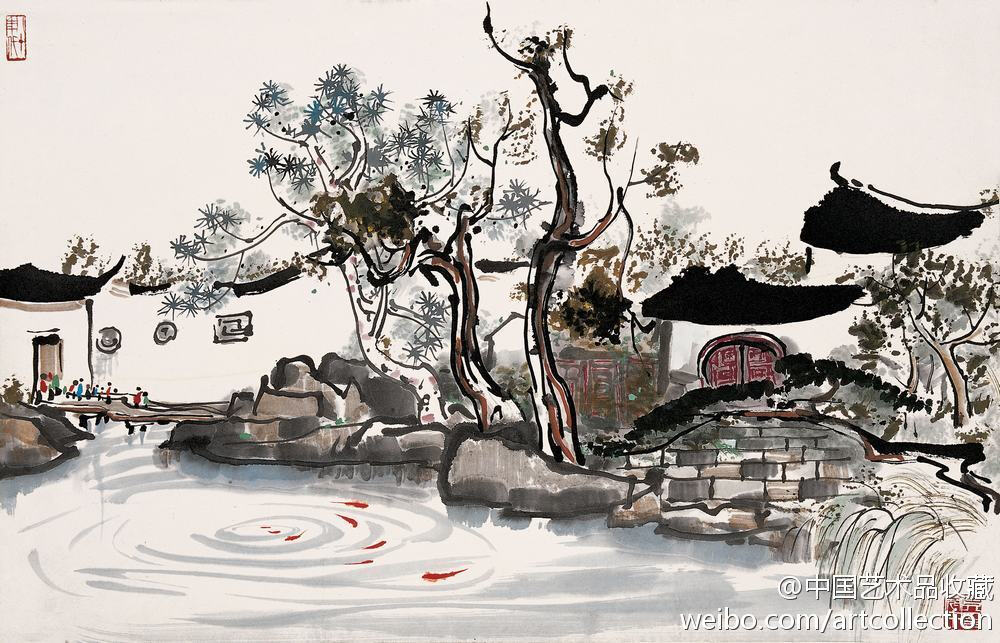 【 吴冠中 《江南水乡》 】立轴,纸本设色,43×68cm.