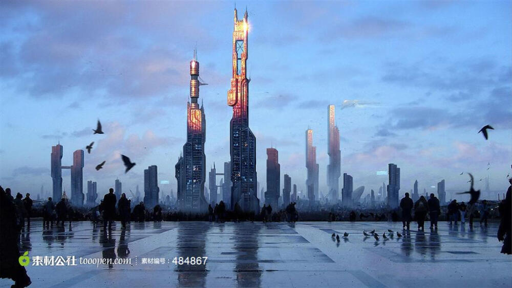 漫画风格的未来城市广场和高楼图片下载,现在加入素材公社即可参与传
