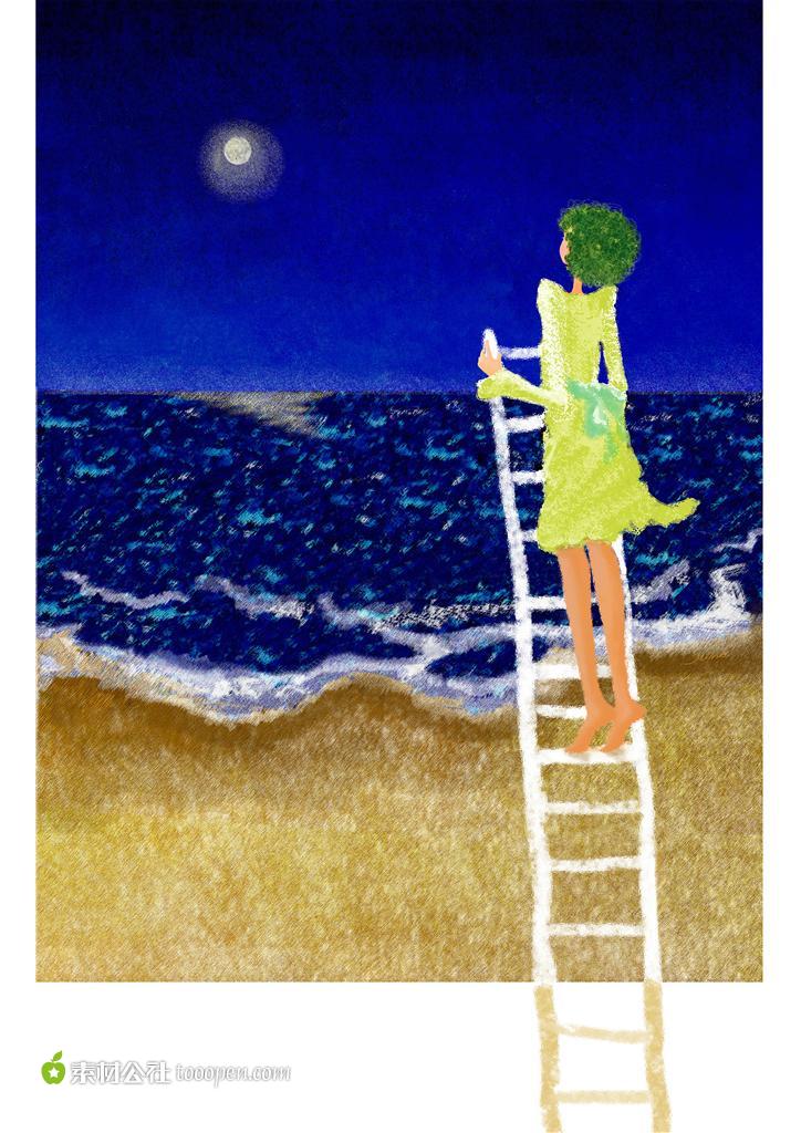 女孩站在梯子上看着海面上的月亮插画