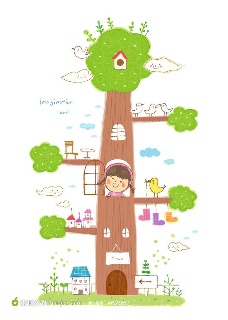生活在树屋里的女孩儿童插画模板