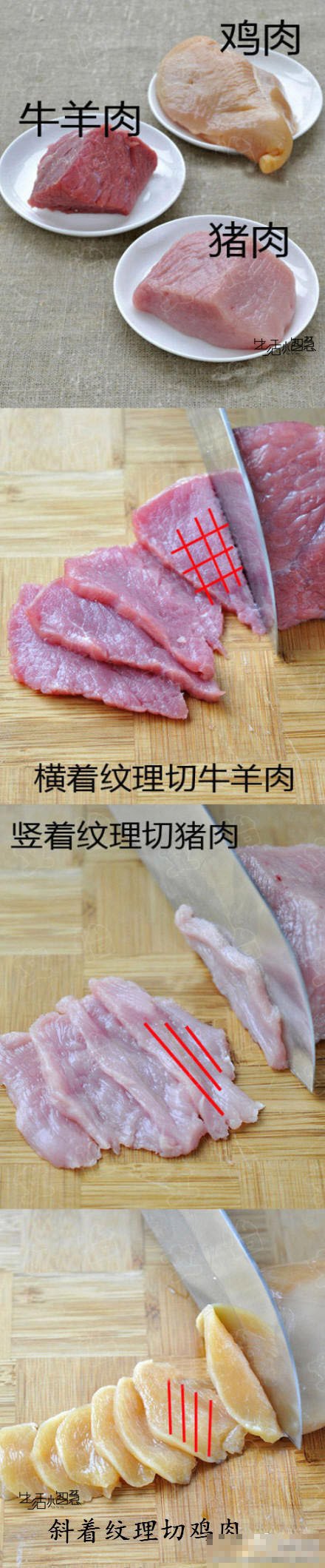 如果你向切牛羊肉那样,逆着猪肉的纹理切,炒出来的肉会散碎;3鸡肉:鸡