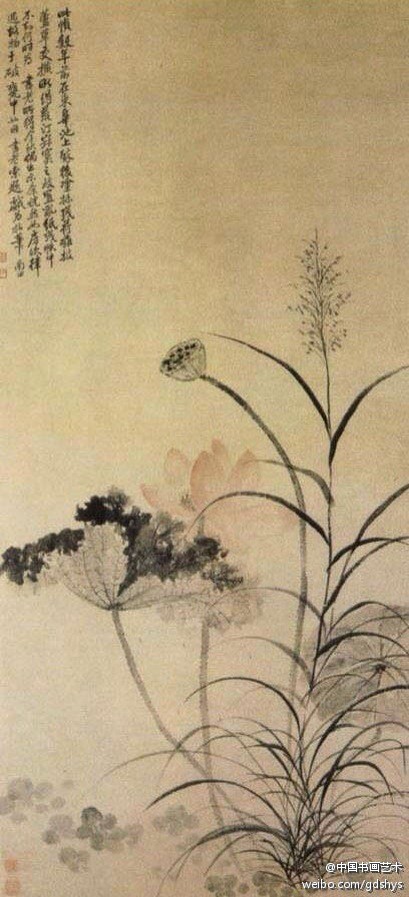 古画 清 恽寿平《荷花芦草图】设色.纵131.3cm,横59.7cm.