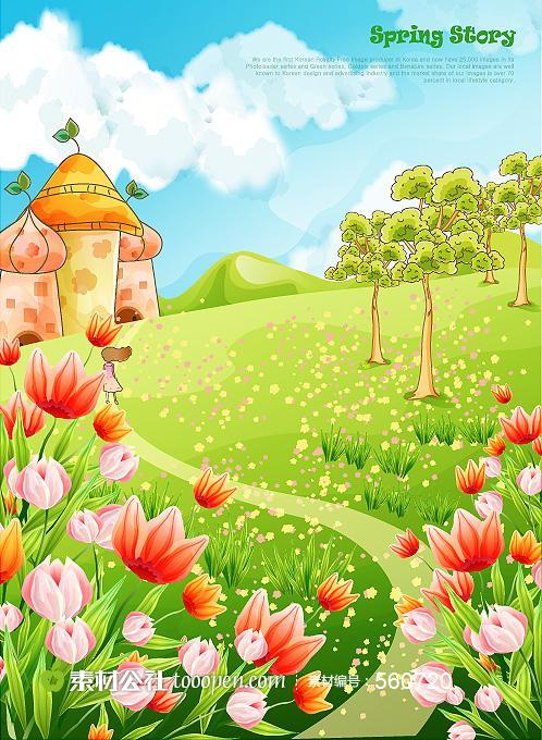 春天漫山遍野的郁金香和草地小山坡上的城堡卡通插画