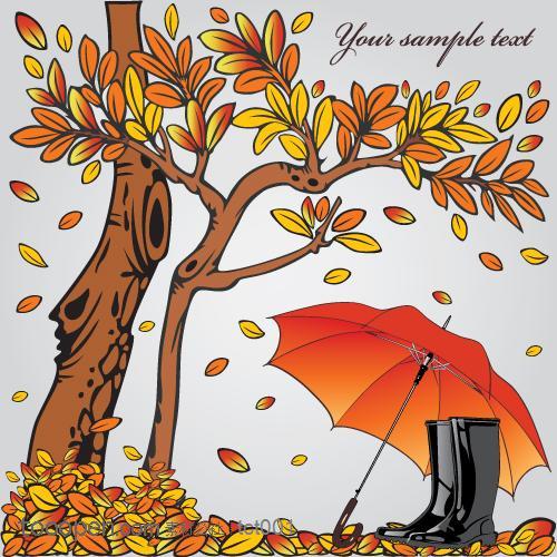 卡通落叶树下的伞和鞋插画矢量素材