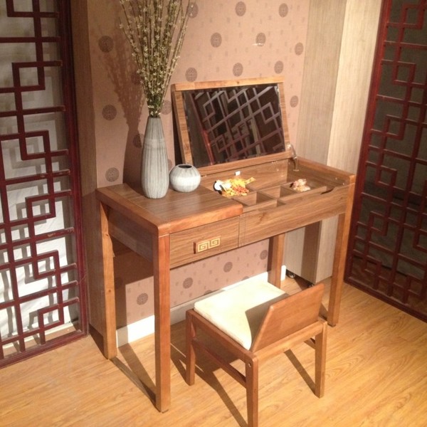 中式 卧室简约 板式实木橡木梳妆台 带翻盖化妆镜 小户型梳妆桌