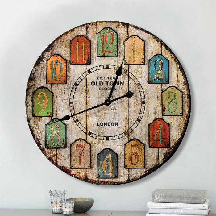 奇居良品 欧美式装饰钟表墙面挂钟彩色数字圆盘大盘面客厅挂钟