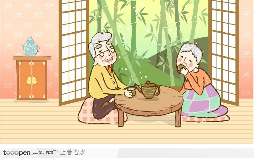 盘坐在地板上喝茶的老夫妻