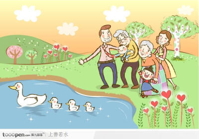 一家人郊游画