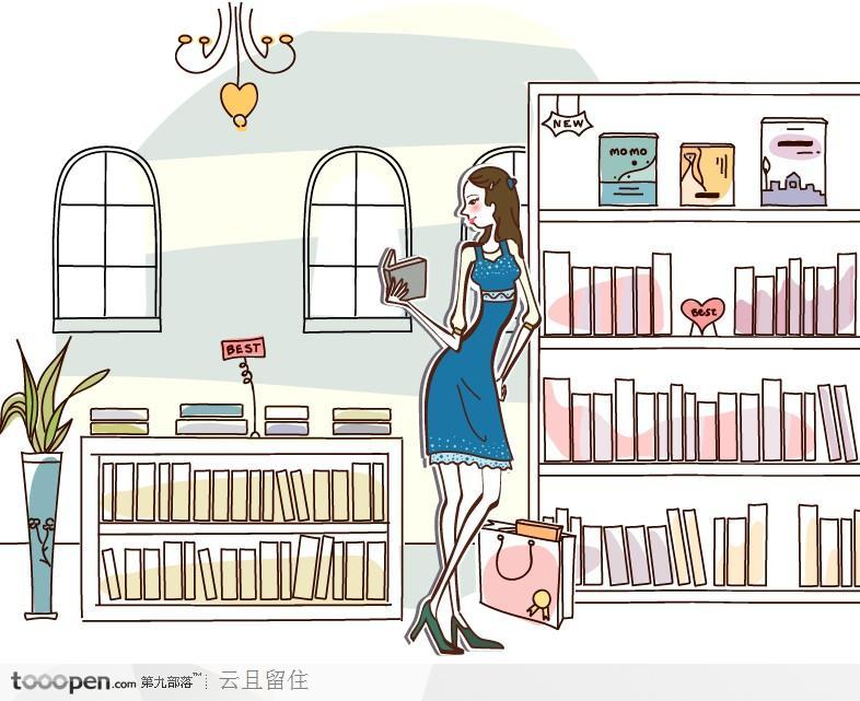 在书店看书的知性女性