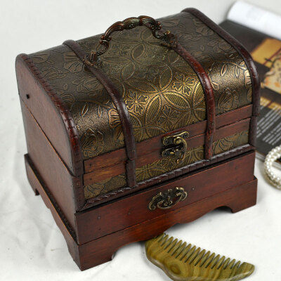 中式复古典带镜木质首饰梳妆盒