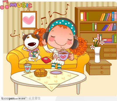 靠在沙发上惬意的喝着咖啡听音乐的卡通卷发女孩和小狗(卡通牛头梗)