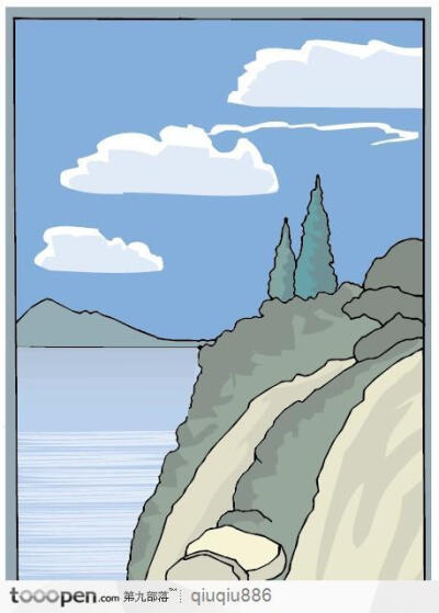 山峰植物云朵风景插画素材