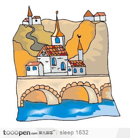 卡通房子拱桥水流插画素材