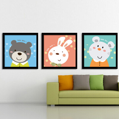 animal 可爱卡通熊先生兔小姐动物三联儿童房装饰画壁画