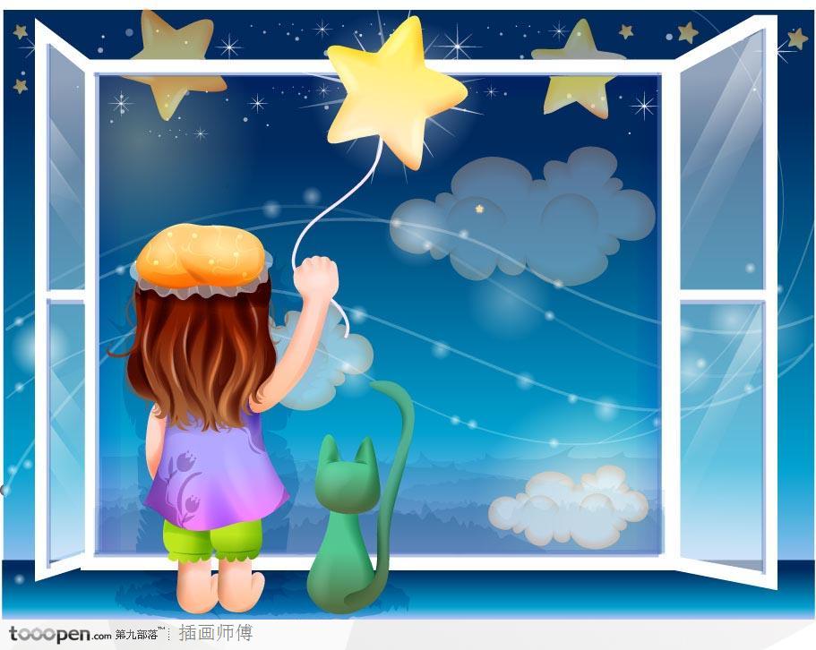 大自然女孩插画-看着窗外星星的女孩和小猫
