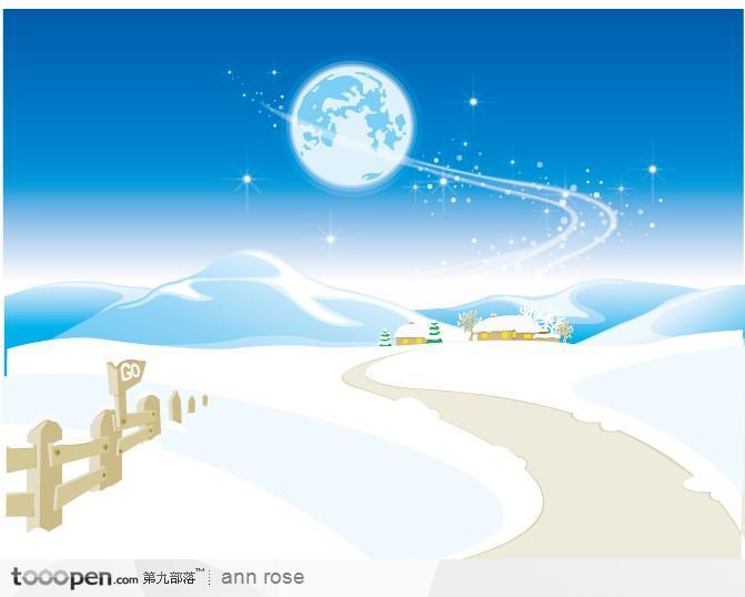 雪地房屋天空月球插画素材