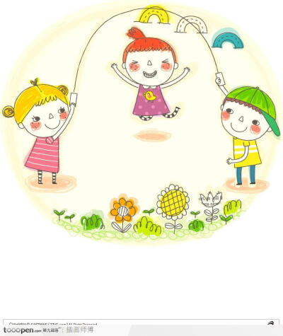 简笔画女孩插画-一起玩跳绳游戏的孩子们