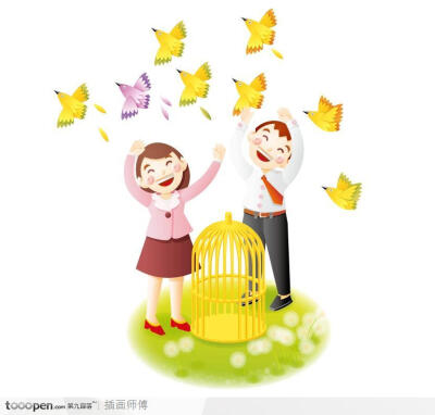 快乐儿童插画-放飞小鸟的爱心儿童