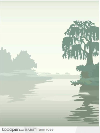 湖边的树木垂钓树叶插画素材