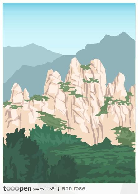 群山岩石植物插画素材