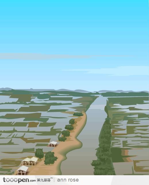 农田水流房屋风景插画素材