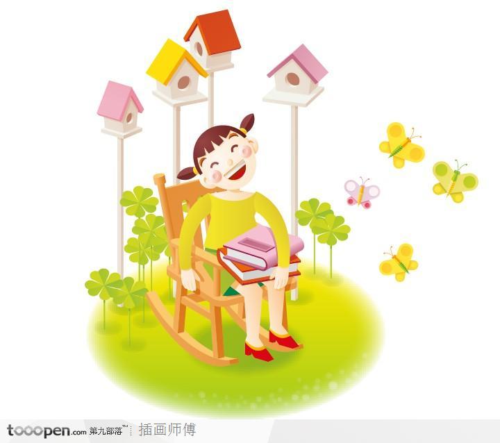 快乐儿童插画-坐在摇椅上拿着图书的女孩
