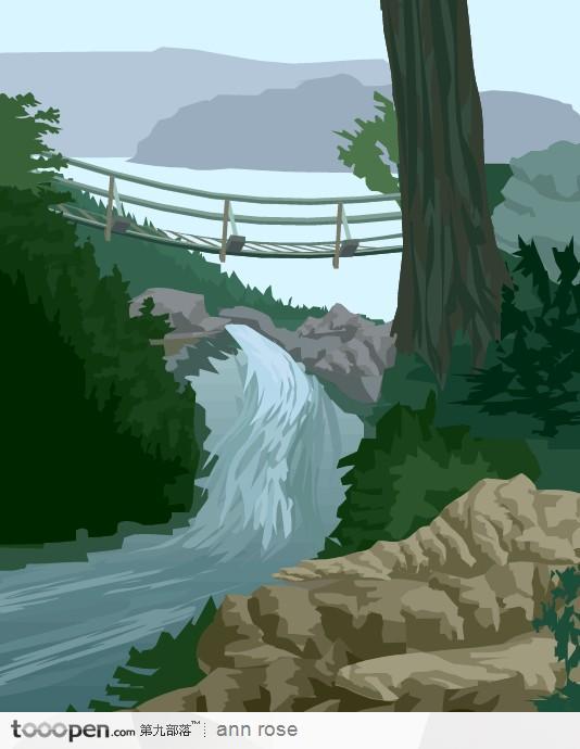 悬索桥河流风景插画