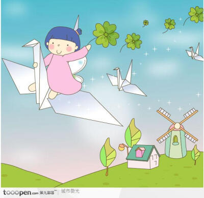 可爱女童插画-坐着千纸鹤飞翔的女孩