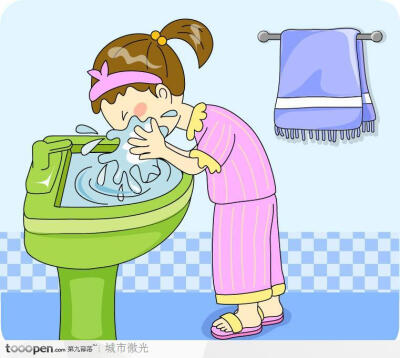 儿童生活插画-洗手间里洗脸的小女孩