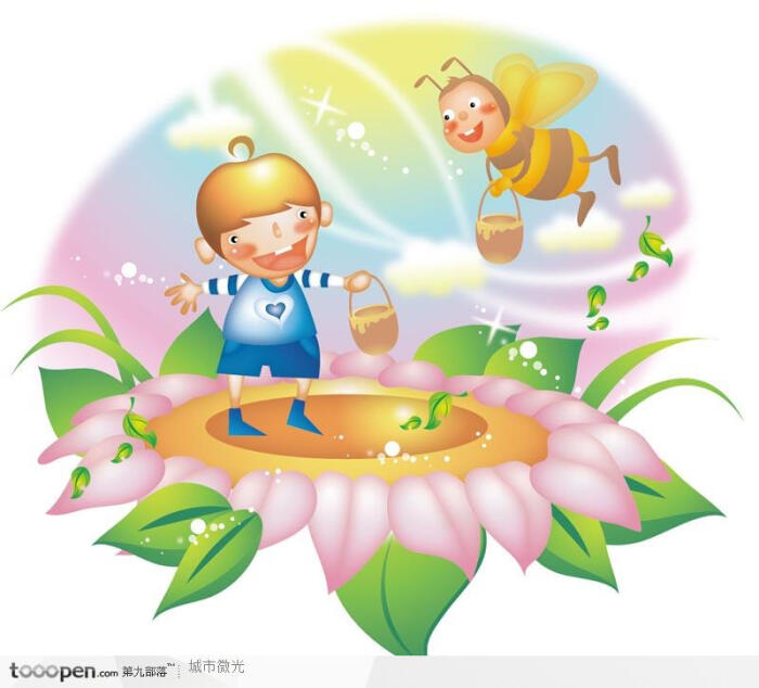 幻想儿童插画-在花朵上帮蜜蜂采蜜的男孩