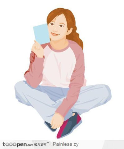 盘腿而坐的长发女孩插画