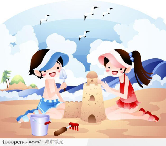 美好童年插画-沙滩上堆砌城堡的孩子们