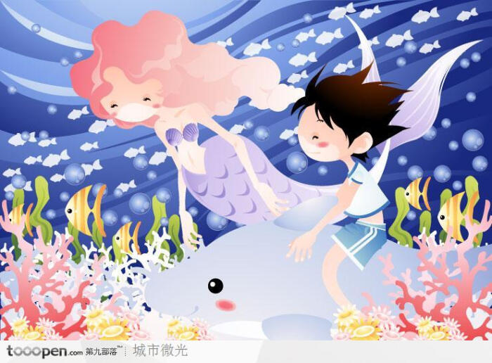 美好童年插画-美人鱼与小男孩