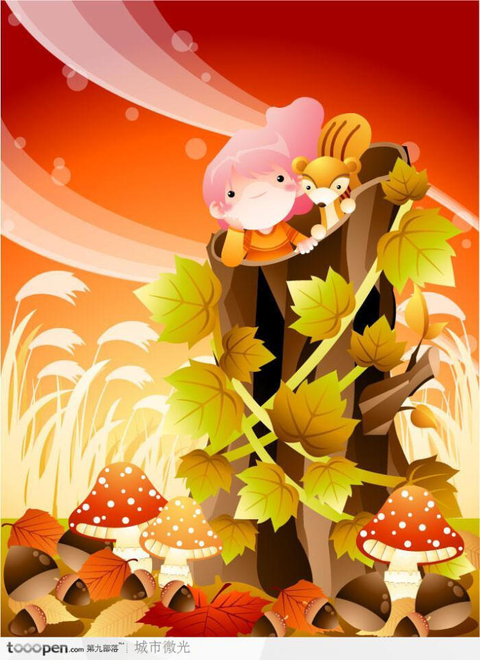 美好童年插画-住在树洞里的松鼠和女孩