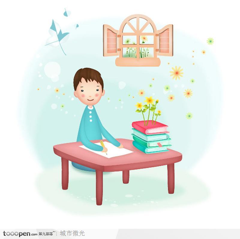 简笔儿童插画-桌子旁写作业的男孩