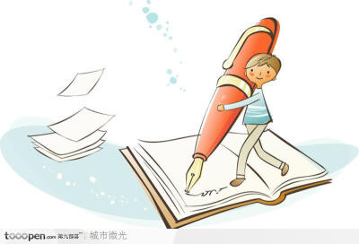 简笔儿童插画-拿着钢笔写字的男孩
