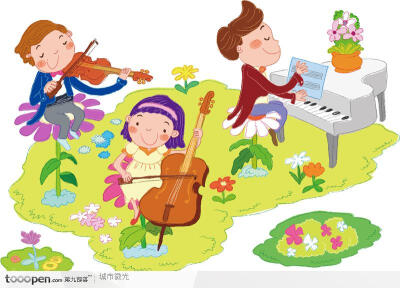 音乐儿童插画-演奏乐器的孩子们