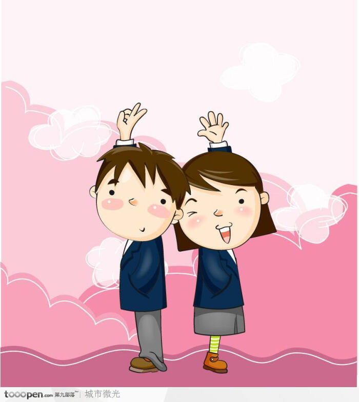 儿童学习插画-背靠背玩石头剪子布的男女学生