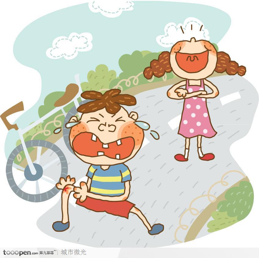 简笔画儿童插画-骑自行车腿摔伤的男孩