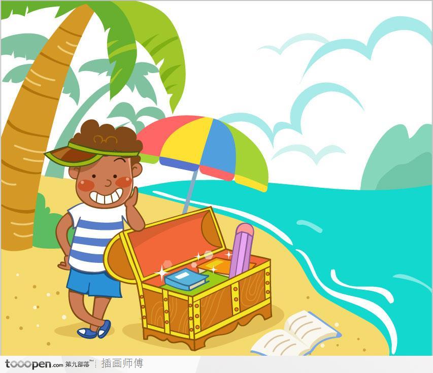 儿童玩耍插画-海滩上发现知识宝箱的男孩