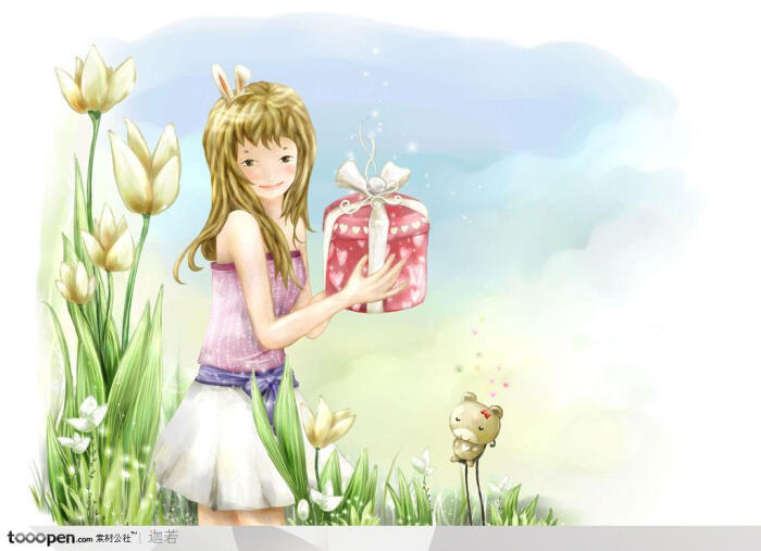 手捧精美礼品盒的小女孩和手绘的花卉背景