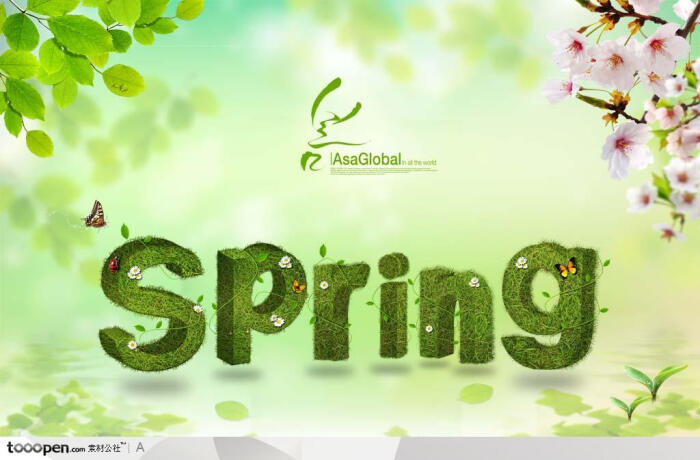 绿色藤蔓和蝴蝶花卉围绕的立体spring春天英文字