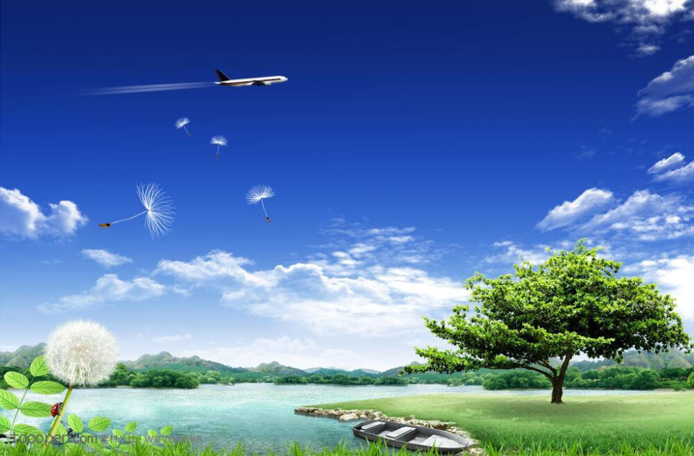风景素材-池塘边草地上的大树