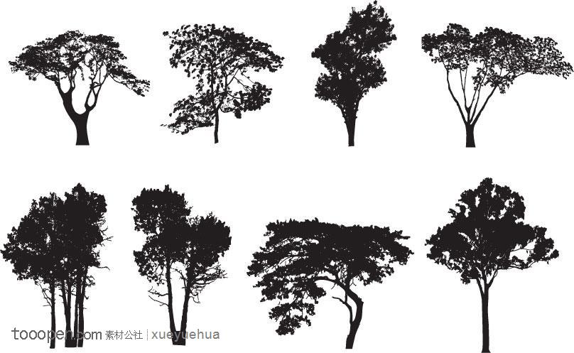 黑白园林树木剪影矢量素材