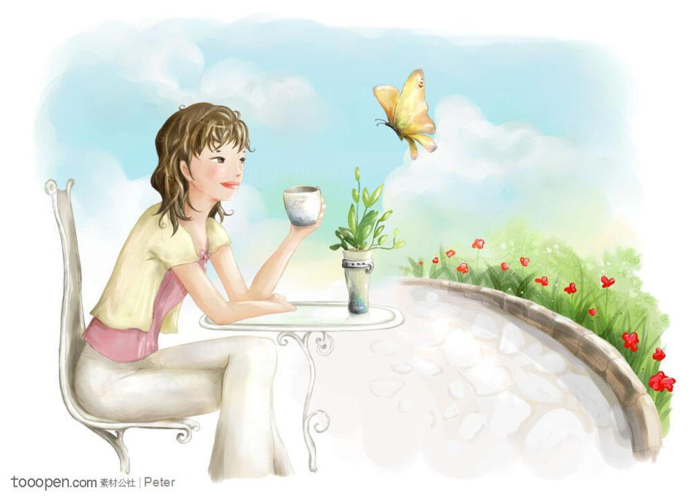 手绘插画之坐在椅子上端着咖啡杯的女孩