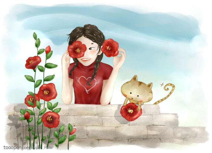 手绘拿着红色花朵的女孩和小猫